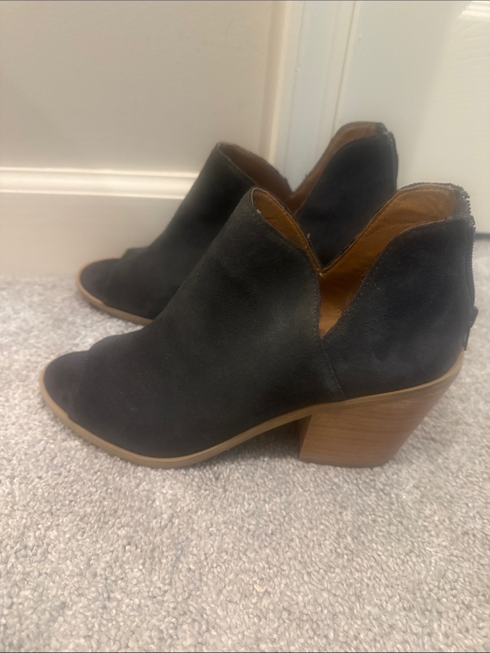 Susina Black Suede Open-Toe V-Cut Block Heel Booties